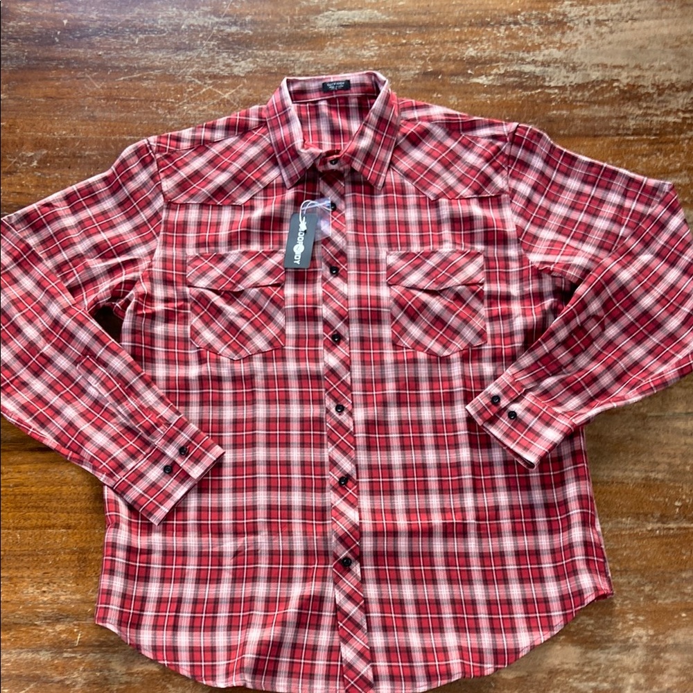 3/$12 NWT Coofandy Red White Plaid Western Button Down Shirt Men’s Large L